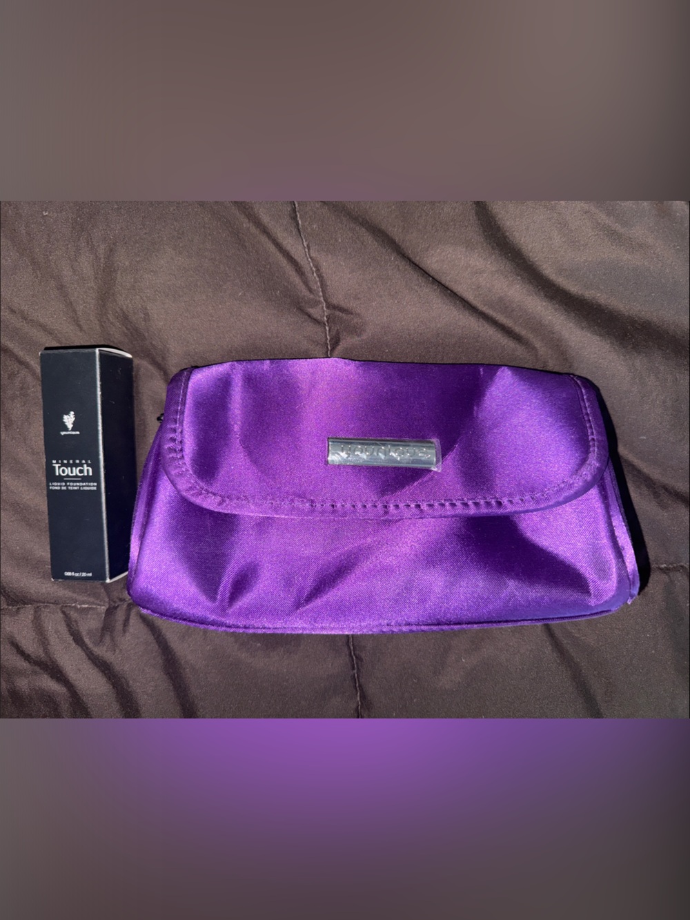 Younique Brand mineral liquid foundation and Purple Satin Travel bag